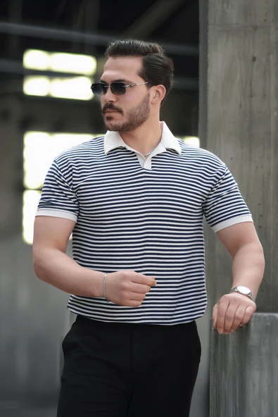 Çizgili Örme Desenli Polo Yaka Erkek T-Shirt - Lacivert - 2