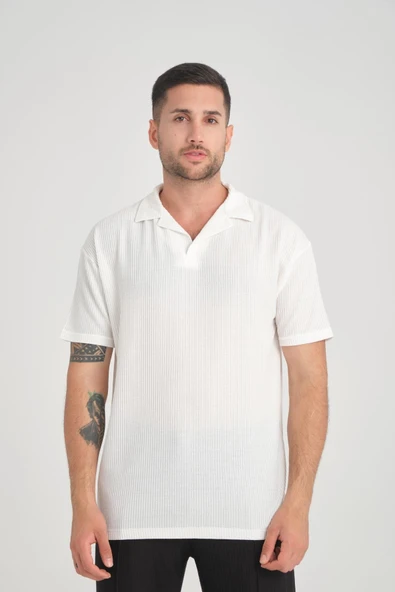 Premium V Yaka Oversize Fitilli T-Shirt - Beyaz ürün görseli