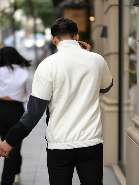 Parça Desen Yarım Fermuar Polar Sweatshirt - Ekru/Füme/Siyah - 4