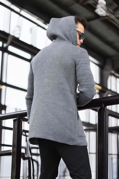 Füme Erkek Düz Panço Hırka - Resim 3