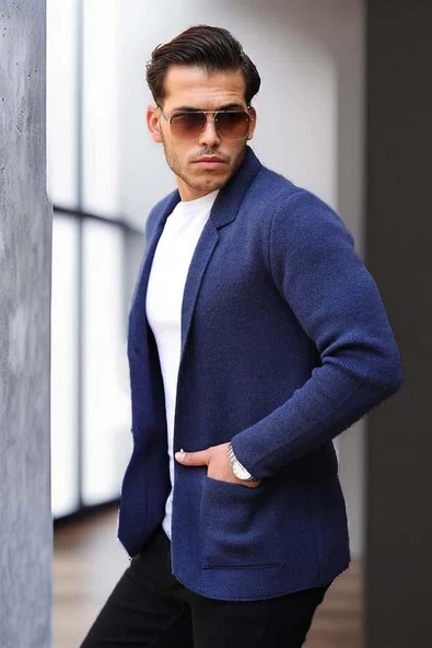 İndigomavisi Erkek Cep Detaylı Triko Ceket - Resim 5