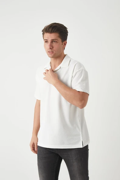 Havlu Kumaş Polo Yaka Erkek T-Shirt - Ekru - 5
