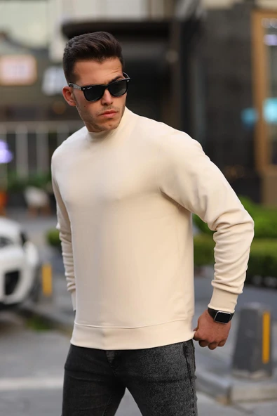 Bisiklet Yaka Basic Sweatshirt - Bej - 2