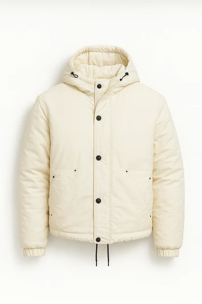 Oversize Cep Detaylı Kapüşonlu Hafif Şişme Mont - Ekru ürün görseli 1