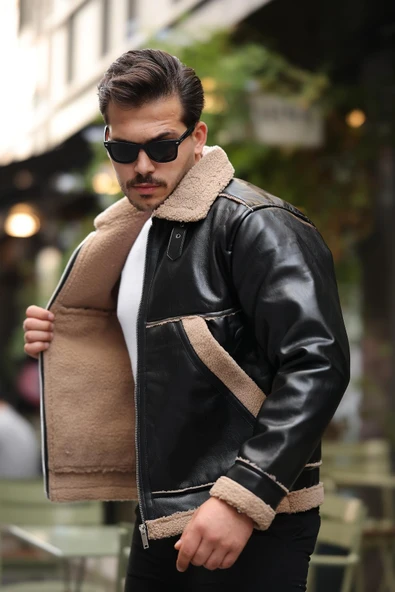 Vintage Kürk Detaylı Erkek Deri Ceket/Mont - Bej - 4