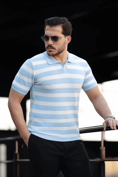 Premium Yan Çizgili Viskon Polo Yaka Triko Erkek T-Shirt - Mavi - 5