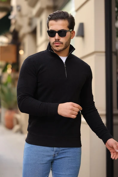 Selanik Örme Kumaş Yarım Fermuar Erkek Sweatshirt - Siyah - 2