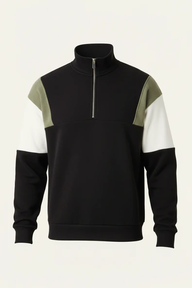 Oversize Erkek Kolları Garnili Selanik Örme Erkek Sweatshirt - Siyah ürün görseli