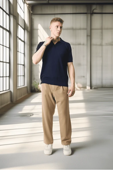 Örme Desenli Viskon Polo Yaka Triko Erkek T-Shirt - Lacivert - 8