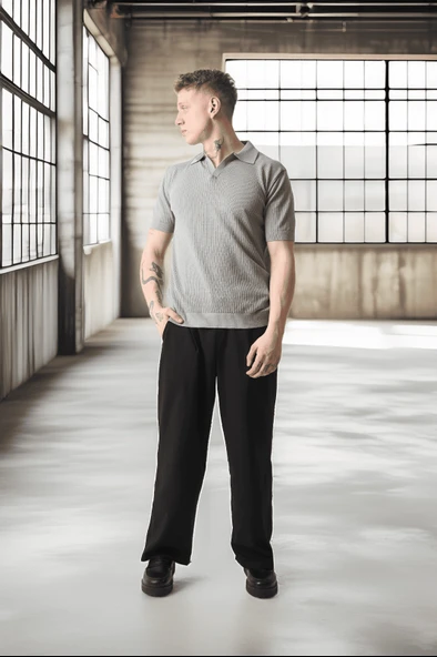 Örme Desenli Viskon Polo Yaka Triko Erkek T-Shirt - Gri - 6