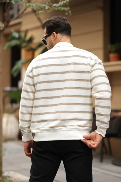 Oversize Çizgili Düğmeli Erkek Hırka - Bej - 4