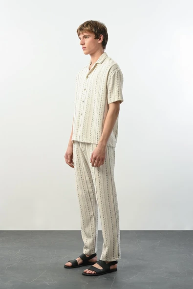 Bohem Çizgili Örme Kumaş Erkek Pantolon - Ekru - 3