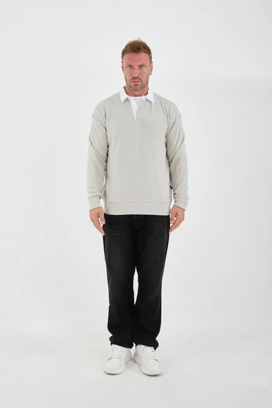 Polo Yaka Selanik Örme Kumaş Erkek Sweatshirt - Taş - 3