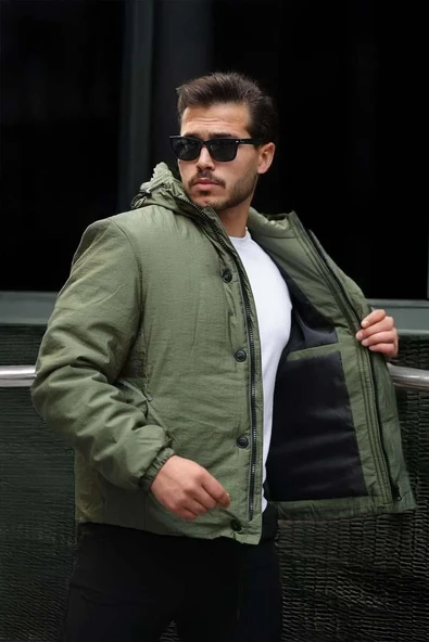 Oversize Cep Detaylı Kapüşonlu Hafif Şişme Mont - Yeşil - Resim 5