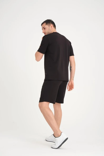 İki İplik Pamuklu Duble Kol Yırtmaçlı T-Shirt Şort Takım - Siyah - 10