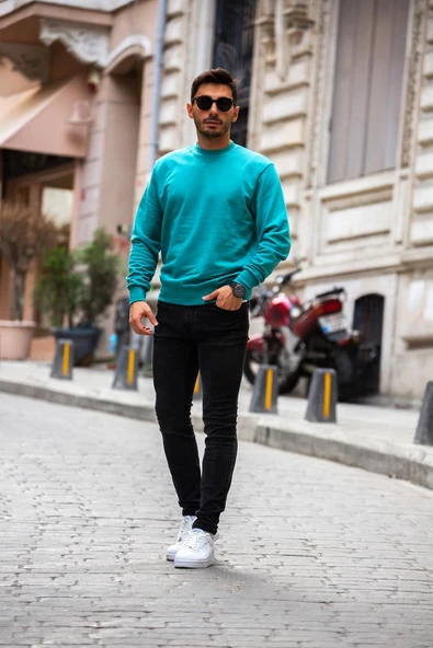 Bisiklet Yaka Basic Sweatshirt - Mavi - 2