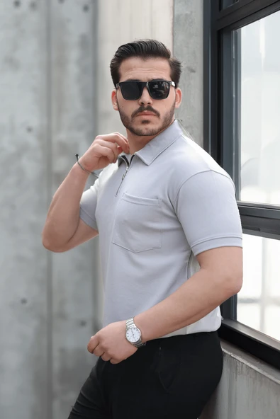Yarım Fermuar Tek Cepli Erkek T-Sirt - Gri - 3
