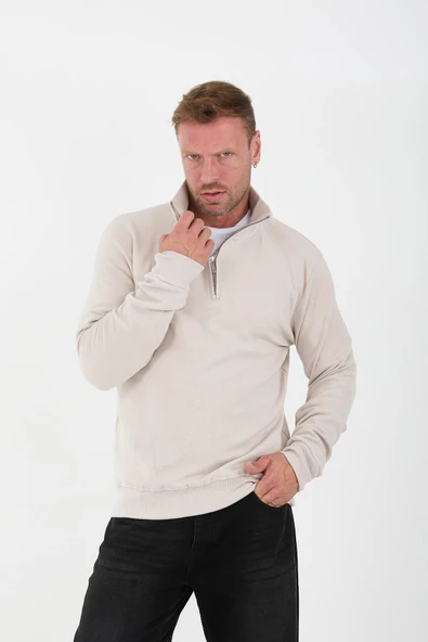 Selanik Örme Kumaş Yarım Fermuar Erkek Sweatshirt - Taş - 4