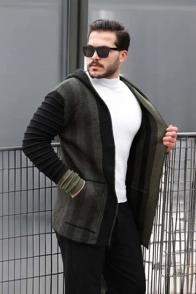 Haki Erkek Kolları Desenli Panço Hırka ürün görseli 1