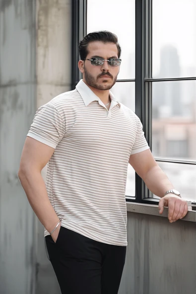 Çizgili Örme Desenli Polo Yaka Erkek T-Shirt - Bej