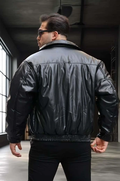 Oversize Premium Deri Ceket/Mont - Siyah - 6