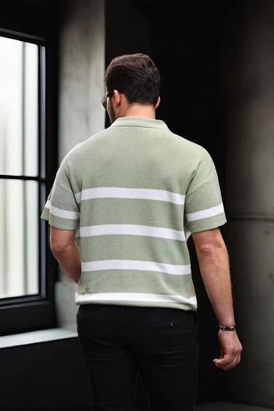 Yarım Fermuar Çizgili Oversize Triko T-Shirt - Yeşil - 4