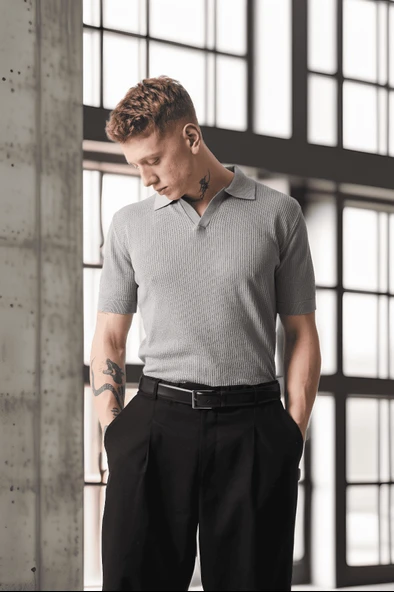 Örme Desenli Viskon Polo Yaka Triko Erkek T-Shirt - Gri - 7