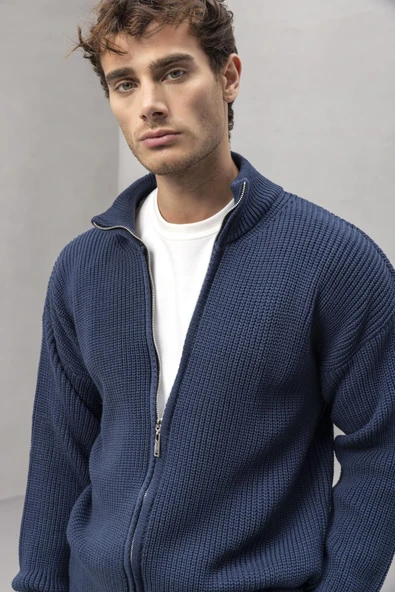 Woody Oversize Selanik Örme Fermuarlı Erkek Hırka- İndigo - Resim 3