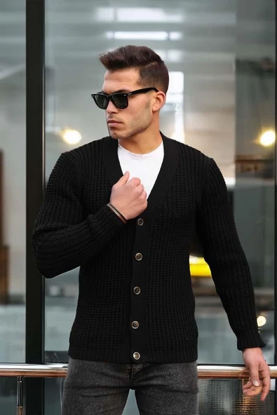 Nopenli Fitil Örgü Düğmeli Hırka - Siyah - Resim 2