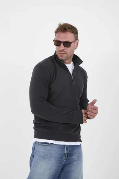 Selanik Örme Yarım Fermuar Erkek Sweatshirt - Antrasit - 5