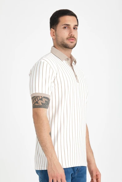 Premium Dik Çizgili Polo Yaka T-Shirt - Bej - 6