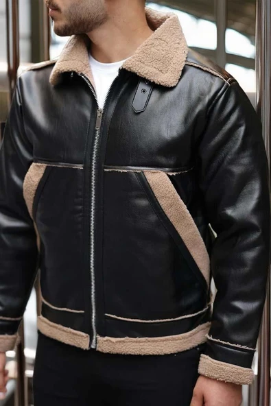 Vintage Kürk Detaylı Erkek Deri Ceket/Mont - Siyah - 3