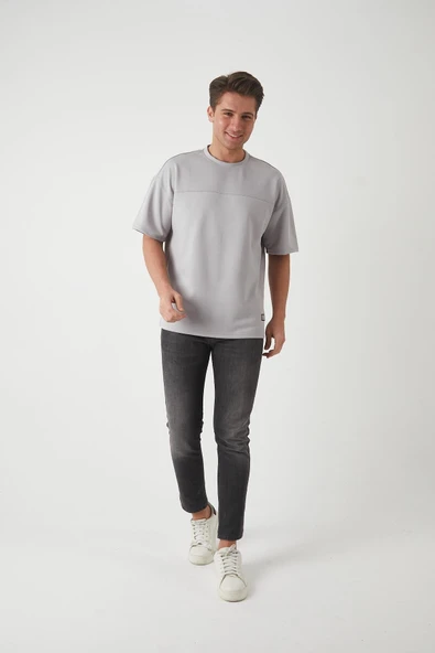 Panel Detaylı Basic Oversize Erkek T-Shirt - Gri - Resim 3