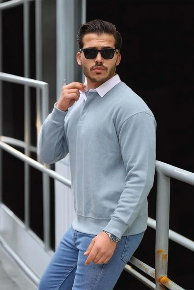 Luis Polo Yaka Selanik Örme Kumaş Erkek Sweatshirt - Soğuk Mavi - Resim 2