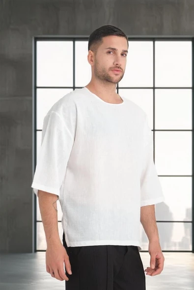 Bisiklet Yaka Fakir Kol Oversize Kısa Kol T-shirt - Beyaz - 6