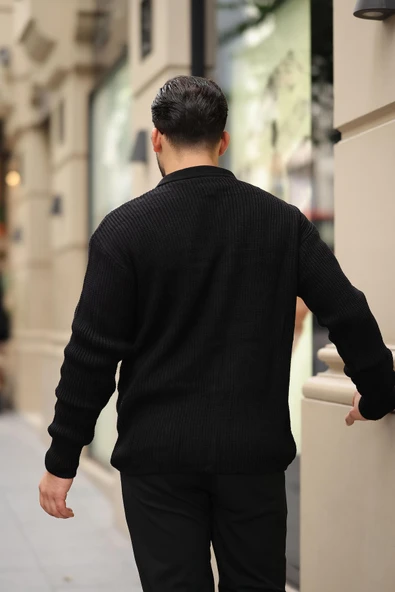 Oversize Selanik Örgü Düğmeli Erkek Hırka-Siyah - 4