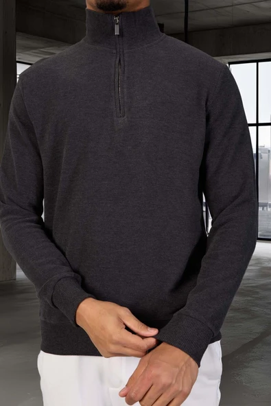 Lars Selanik Örme Yarım Fermuar Erkek Sweatshirt - Antrasit - Resim 3