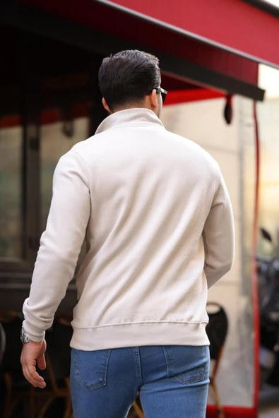 Selanik Örme Kumaş Yarım Fermuar Erkek Sweatshirt - Taş - 7