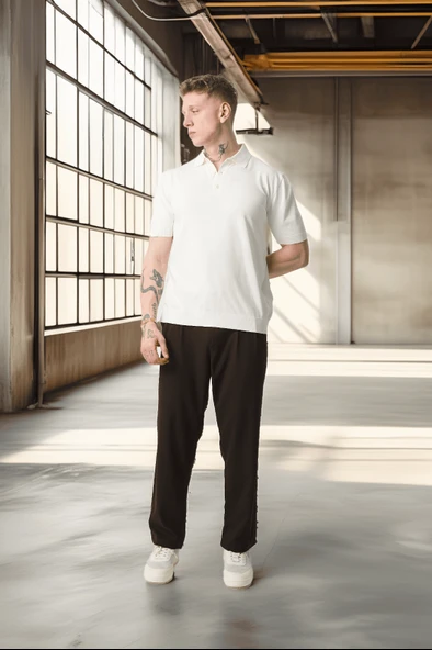 Polo Yaka Basic Düğmeli Triko Erkek T-Shirt - Ekru - 7