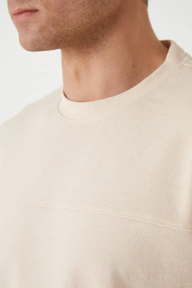 Panel Detaylı Basic Oversize Erkek T-Shirt - Bej - 2