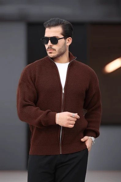 Oversize Selanik Örme Fermuarlı Erkek Hırka- Kahve - 4