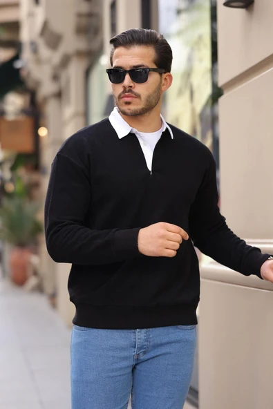 Polo Yaka Selanik Örme Kumaş Erkek Sweatshirt - Siyah - 2
