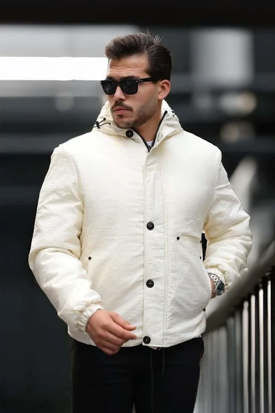 Oversize Cep Detaylı Kapüşonlu Hafif Şişme Mont - Ekru - Resim 4