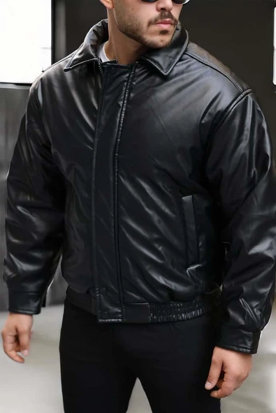 Oversize Premium Deri Ceket/Mont - Siyah - 5