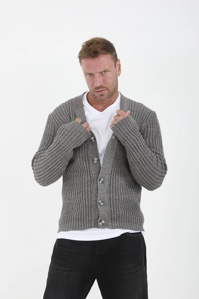 Nopenli Fitil Örgü Düğmeli Hırka - Füme - Resim 5