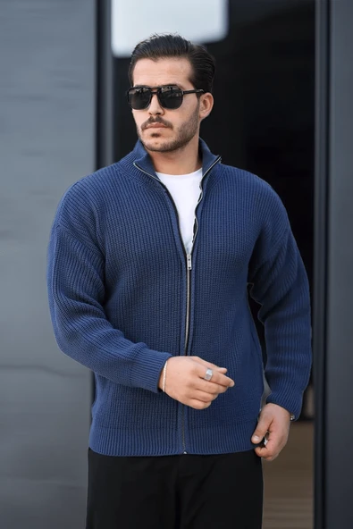 Oversize Selanik Örme Fermuarlı Erkek Hırka- İndigo - 4