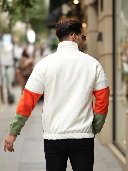 Parça Desen Yarım Fermuar Polar Sweatshirt - Ekru/Turuncu/Haki - 4