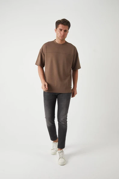 Panel Detaylı Basic Oversize Erkek T-Shirt - Kahve - 4