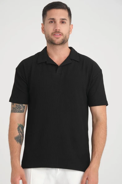 Premium V Yaka Oversize Fitilli T-Shirt - Siyah