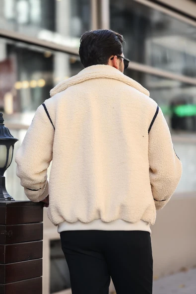 İçi Astarlı Şerit Detaylı Peluş Mont - Ekru - 4
